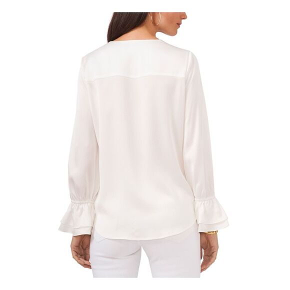 VINCE CAMUTO Womens Ivory Ruffled-cuff Step Hem Long Sleeve Faux Wrap Top XS - Picture 2 of 2